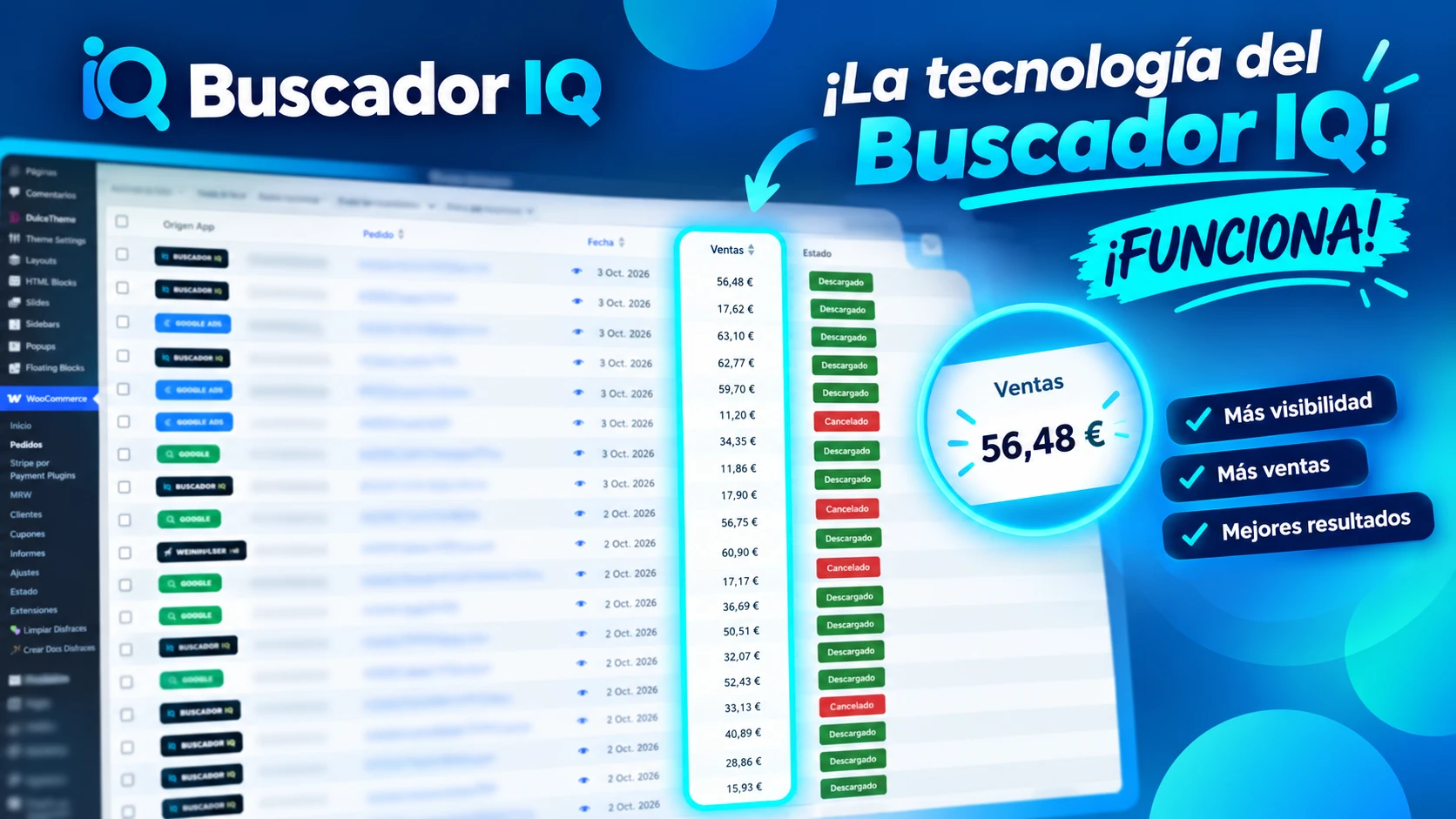 Listado de pedidos de WooCommerce de Dulce Almacén con la columna Origen App: 9 de 18 pedidos del 2 y 3 de octubre de 2026 llevan la etiqueta Buscador IQ